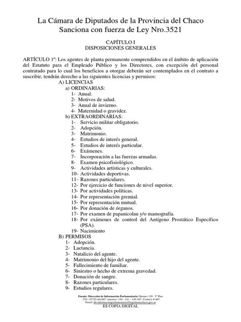 ley 3521 régimen de licencias chaco|LEY 7718 PODER LEGISLATIVO PROVINCIAL (P.L.P.).